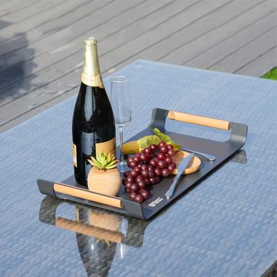 Abrihome Modern Aluminum Outdoor Tray with Two Teak Handrails