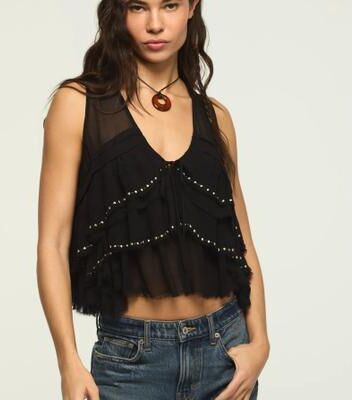 Lucky Brand Festival Studded Ruffle Vest - Women's Ladies Accessories Jewelry Earrings in Meteorite, Size M