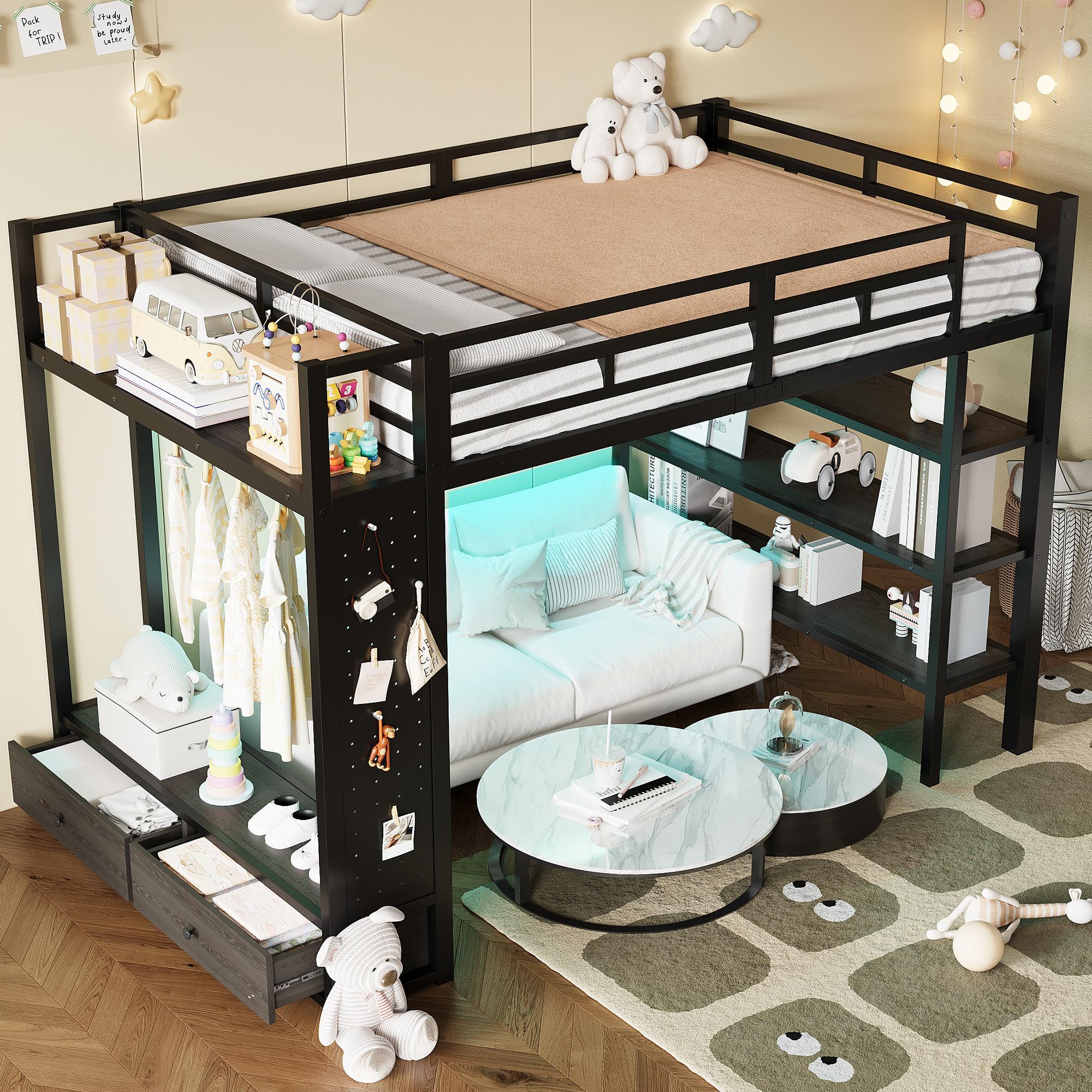 MODFU Jugendbett 140x200 mit Ablagefächern und offenem Kleiderschrank Hochbett LED-Beleuchtung Bettgestell mit Lochwand ohne Matratze Schwarz