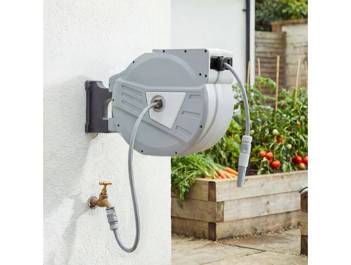 Outsunny Enrouleur Mural 40+2m Tuyau Rétractable Pivotant Gris