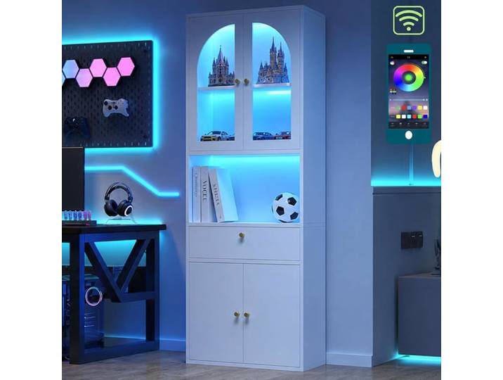 Vitrine avec LED-bibliothèque moderne avec vitrine en verre transparent-4 portes-1 tiroirs-compartiments ouverts-blanc