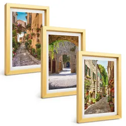 BILDER SET 3er Set - 20x30 cm Goldrahmen - Italienische Straßen, Blumen, Architektur