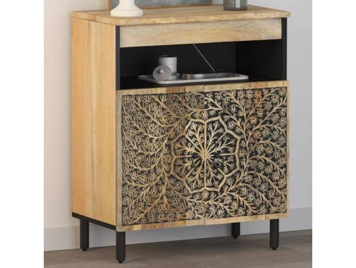 HEFZGDB Retro Stil Beistellschrank für Wohnzimmer aus massivem Mangoholz mit robuster Oberplatte und Eisenbeinen, viel Stauraum im schmalen Design 60x33x75 cm