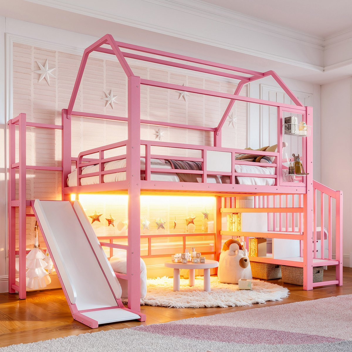 Kinderhoogbed Huisvorm met Glijbaan, Trap en Bluetooth-LED - Roze Metaal - B/D/H: 140 x 200 cm