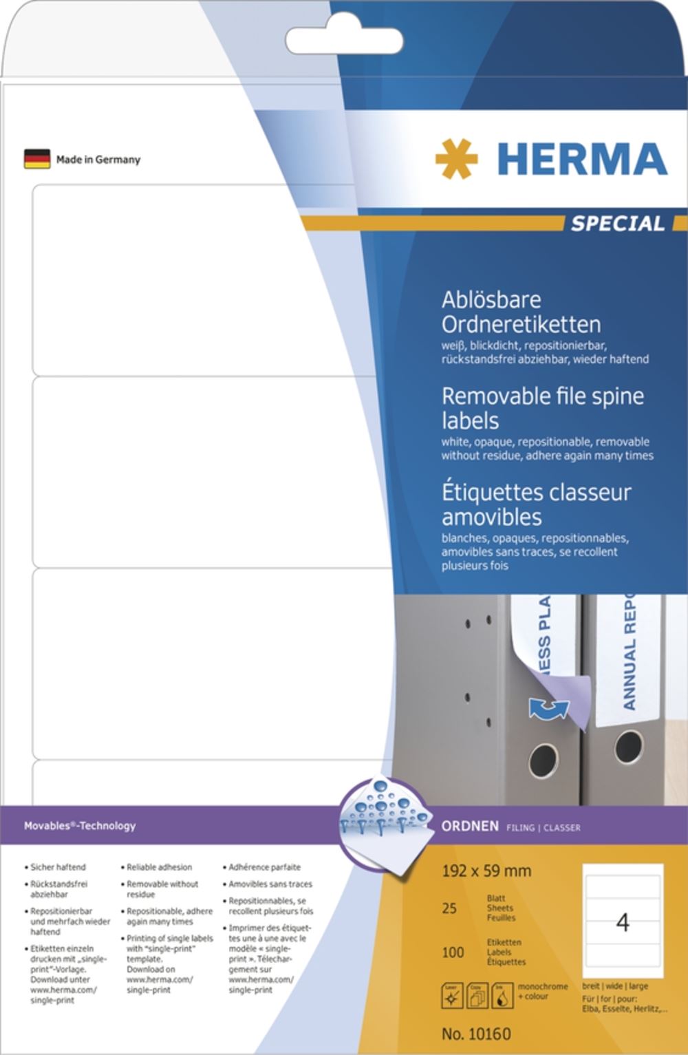 Herma 10160 ablösbar blickdicht Ordneretiketten 19.2x5.9 cm (25 Blatt (100 Etiketten))