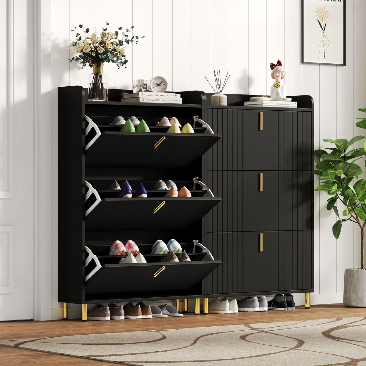 Clruro Schoenenkast Set Zwart met 6 Vakken en 2 Klappen B/D/H: 80 x 23,5 x 123,5 cm