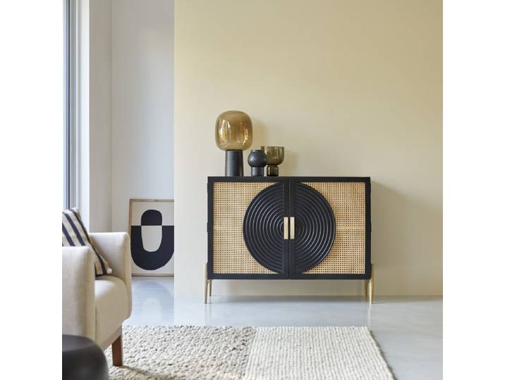 Anrichte aus massivem Mangoholz schwarz und Rattan Sina 115 cm - Schwarz