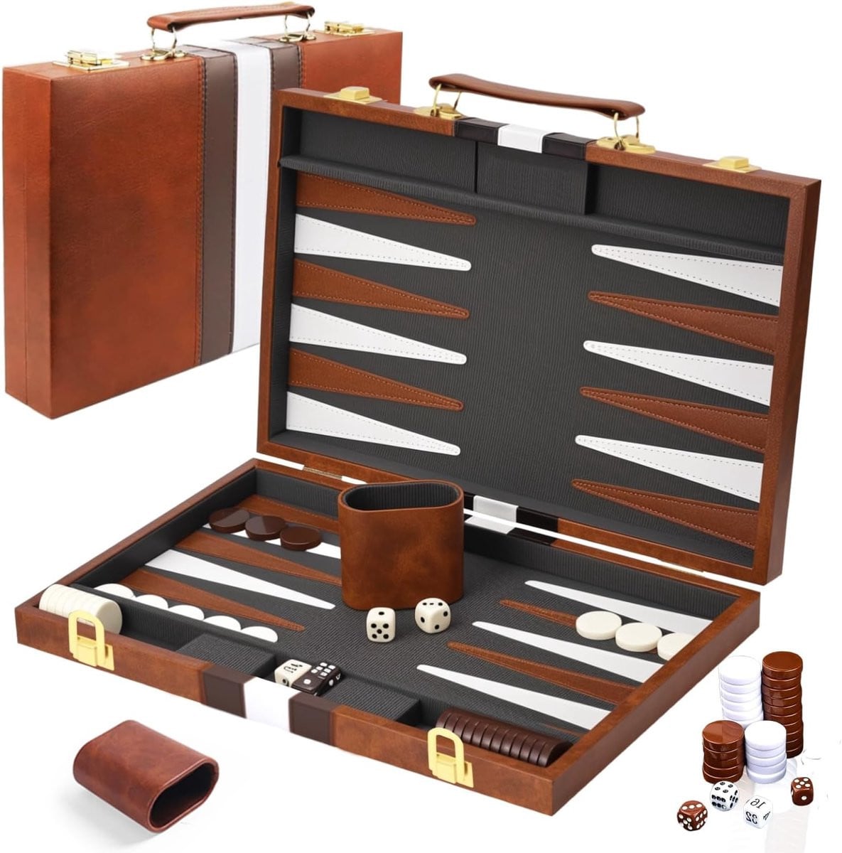 Backgammon Set met Houten Koffer en Leren Etui - Bruin - 38 cm