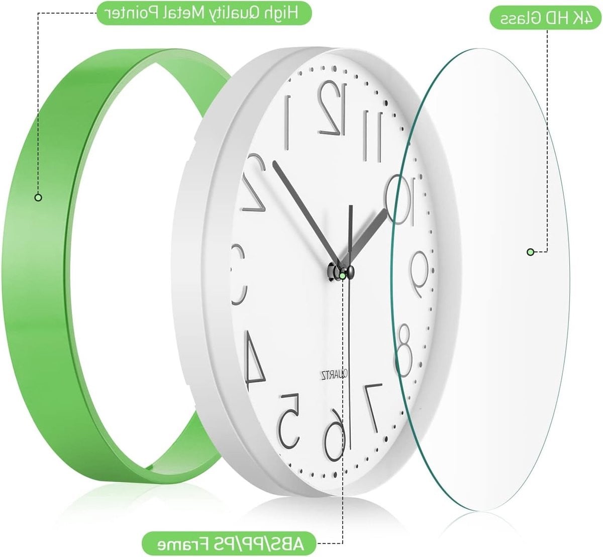 Stille ronde wandklok met Arabische cijfers, 9 inch, Groen