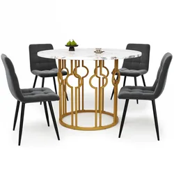 MODFU Essgruppe 5 teilig Esstisch Set rund mit 4 Stühlen Multicolor 100x100x76 cm MDF Tischplatte Marmormuster Metallgestell Samt
