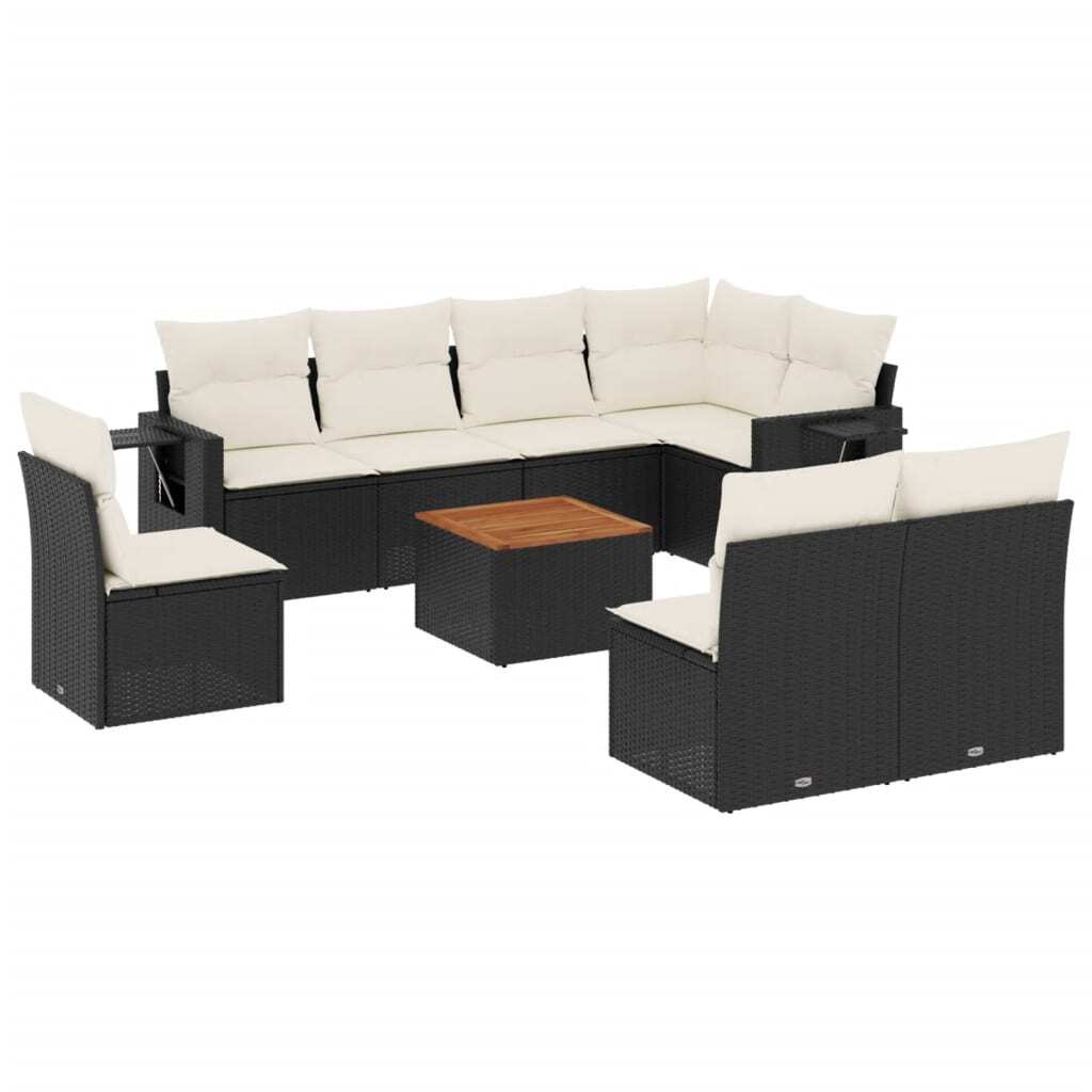 Modulares Gartensofa-Set, 9-teilig, mit abnehmbaren Kissen, aus PE-Rattan und pulverbeschichtetem Stahl, Schwarz, mit Akazienholz-Tisch