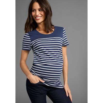 Umstandsshirt NEUN MONATE "Geringeltes Schwangerschafts- und Still-Shirt", Damen, Gr. 40/42, blau (blau geringelt), Single Jersey, Obermaterial: 95% Baumwolle, 5% Elasthan, geringelt, bequem, Rundhals, abgesteppte Kante, Shirts Umstandsshirt, für...