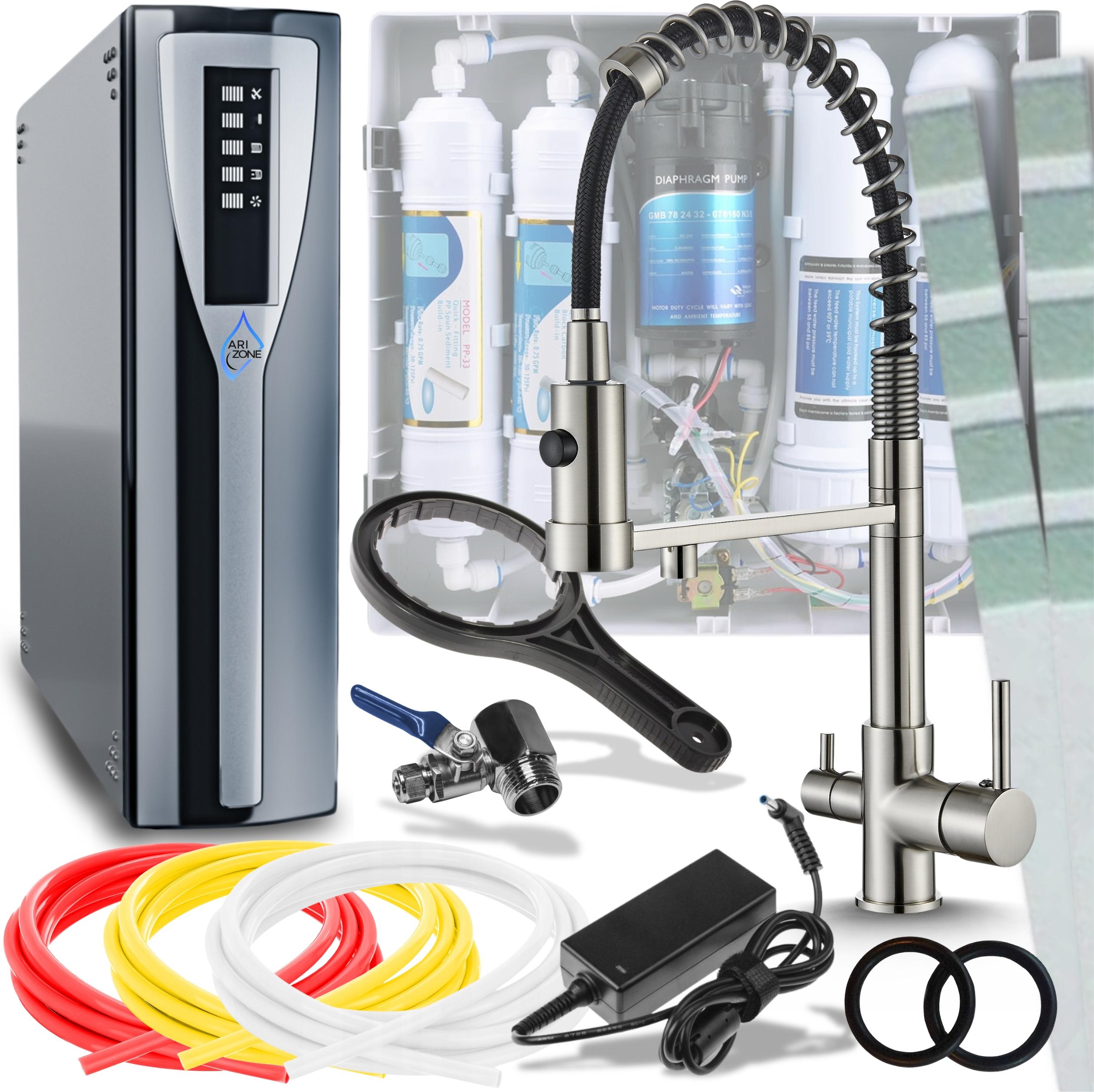 Ari Solid Spring 3-Wege Küchenarmatur INOX Flexibel 360° mit RO Pad Umkehrosmose Wasserfilter Untertisch Nanofiltration