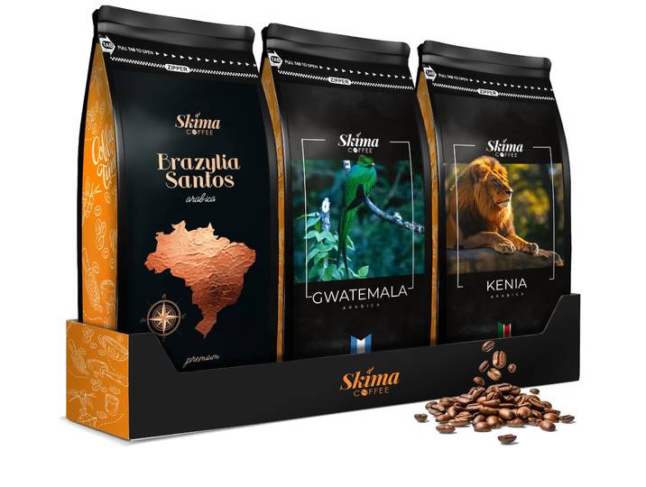 Café en grains entiers 3x1kg KENYA/GUATEMALA/BRAZIL SANTOS ARABICA Frais + GRATUIT