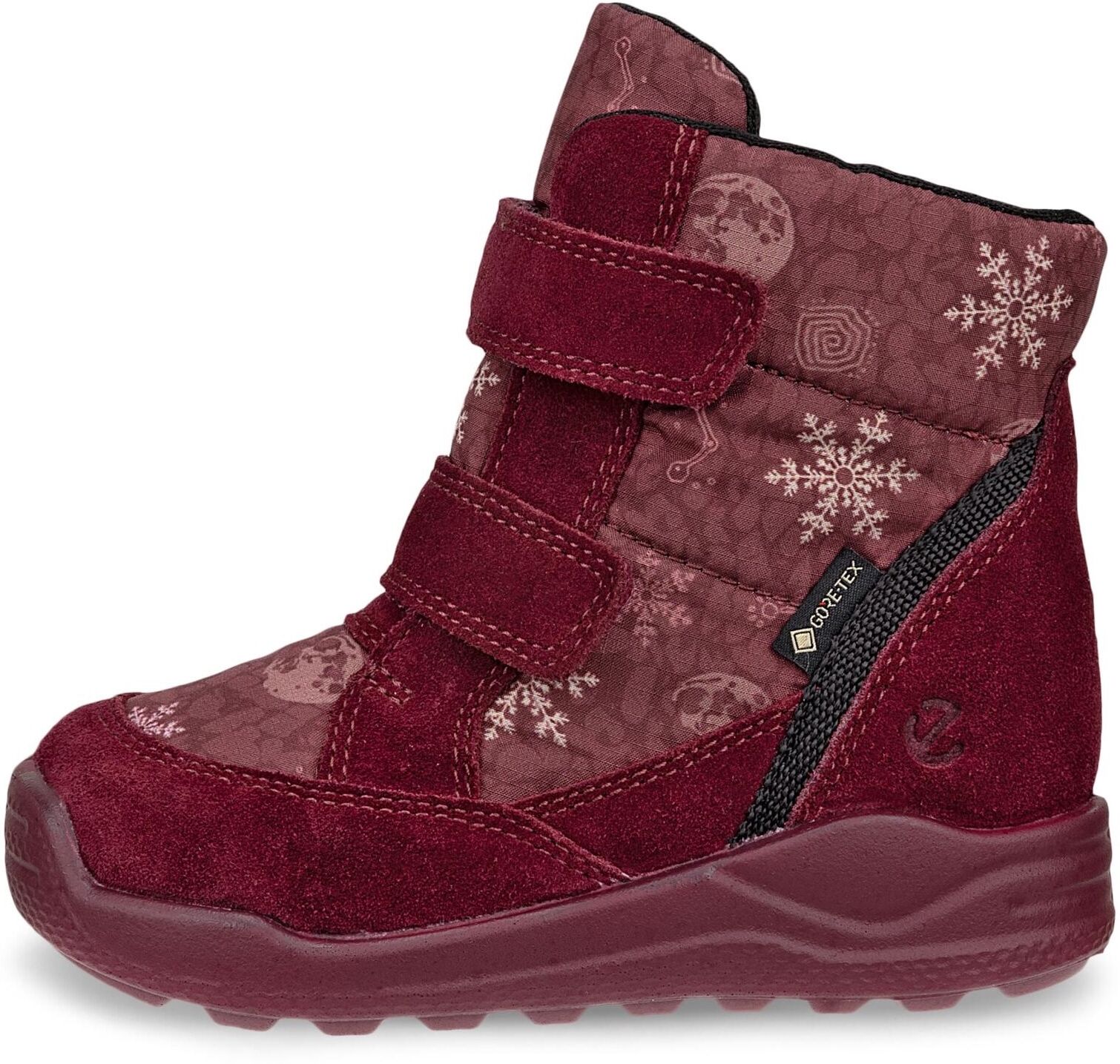 Klettstiefel ECCO "Urban Mini", Mädchen, Gr. 22, Warmfutter, rot (dunkelrot schneeflocken), Textil, Veloursleder, bedruckt, Schuhe Klettstiefel, Winterboots, Winterstiefel, Stiefelette mit GORE-TEX dunkelrot schneeflocken 22, Warmfutter