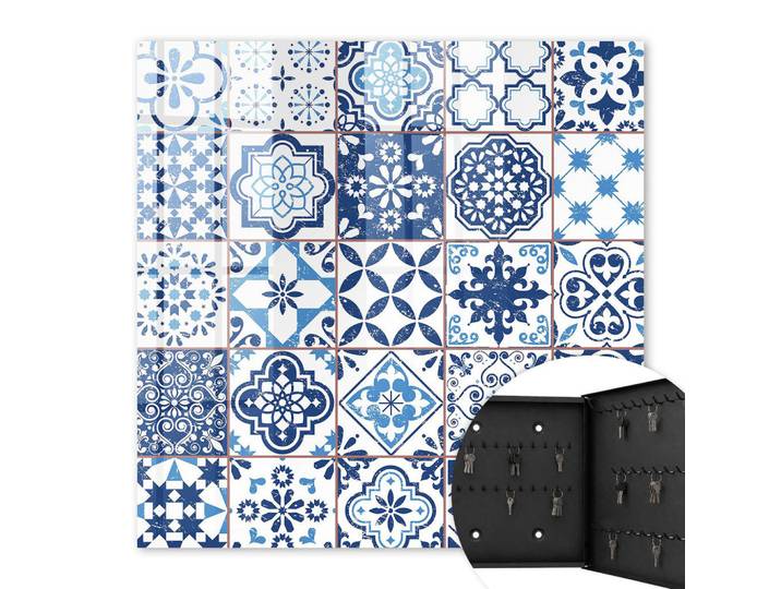 Tulup Schlüsselbox Schwarz 30x30 cm- Türöffnung nach rechts - Blaue Fliesen, Metall, Vintage, Rechteckig, 30x30x5 cm, Garderobe, Schlüsselkästen & Schlüsselboards