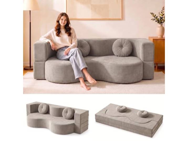 Ribanedy Wandelbares Boneless Schlafsofa，Grau：200 x 100 cm Vakuumverpacktes, komprimiertes Sofa mit 2 runden Kissen, hochdichtem Schaumstoff und ohne Montage