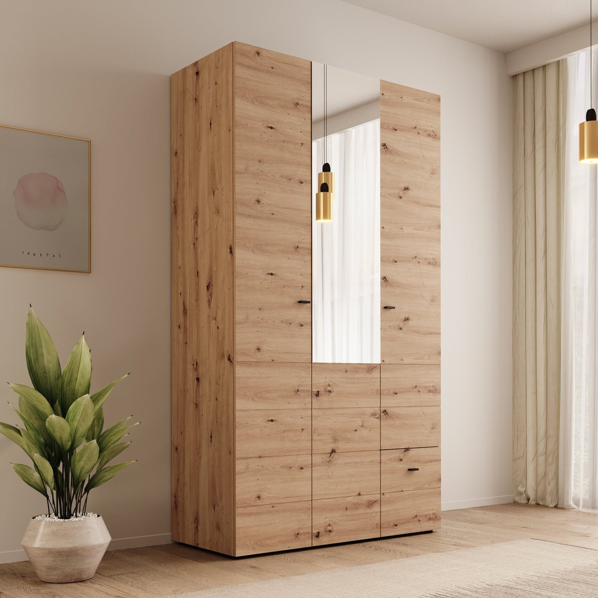 Meubella Nouran Kledingkast met 3 deuren in eikenpatroon B/D/H: 117 x 52 x 208 cm