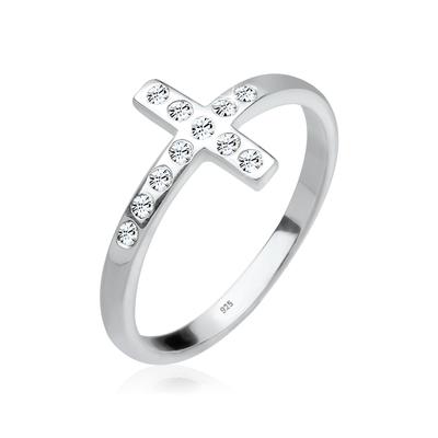 Fingerring ELLI "Blogger Kreuz Kristalle 925 Silber" Gr. 56, weiß, Fingerringe, Damen, 56mm,mit Steinen, Silber 925 (Sterlingsilber), 2mm, Fingerring