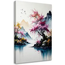 LEINWANDBILD, Japanische Landschaft Fluss Berge Natur