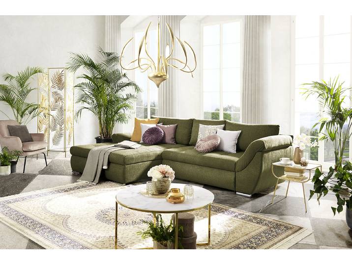 Ecksofa mit Schlaffunktion Grün Webstoff Maila 306 x 87 x 174cm Schlaffunktion davorstehend rechts mit Schlaffunktion Modern