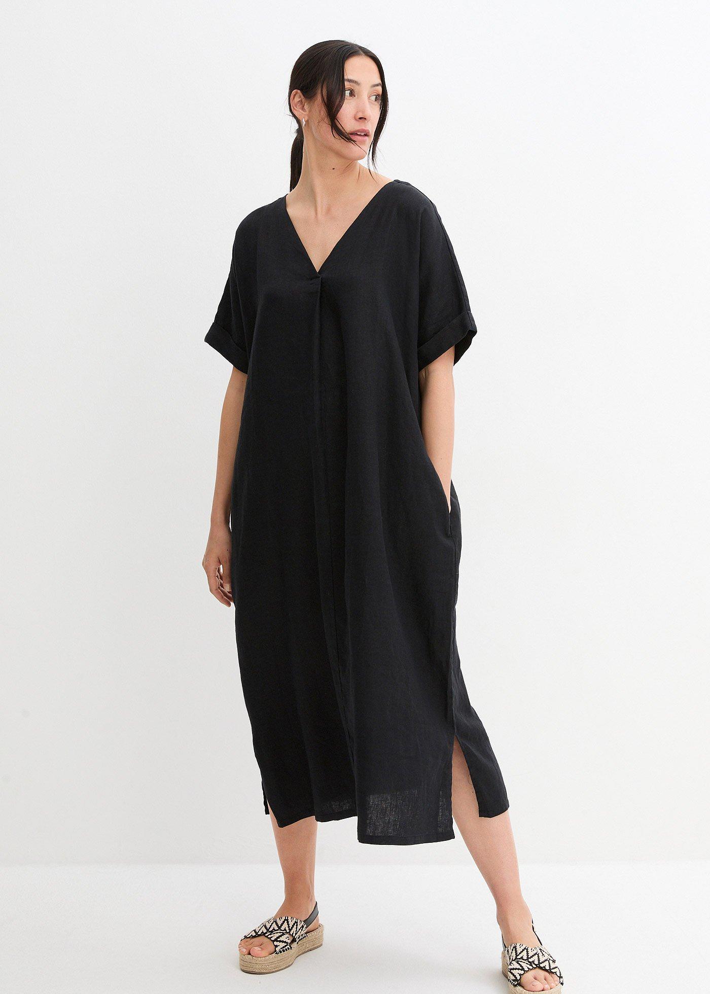 bonprix Kaftan-Kleid aus reinem Leinen, schwarz, Gr.52, modernen Leinenkleid mit weiter Passform und tiefem V-Ausschnitt, aus Leinen