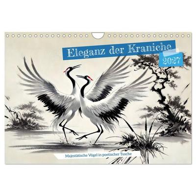 Eleganz der Kraniche - Majestätische Vögel in poetischer Tusche (Wandkalender 2027 DIN A4 quer), CALVENDO Monatskalender