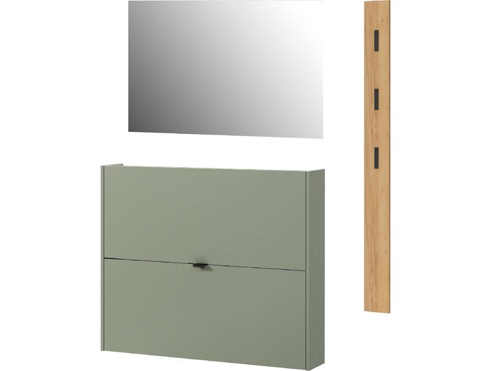Garderoben-Set GERMANIA GW-Ameca , grün (taupegrün, navarra, eiche, nachbildung), B:130cm H:200cm T:18cm, Spanplatte, Kastenmöbel-Sets, Garderoben-Set, Garderoben-Set bestehend aus Schuhschrank, Spiegel & Garderobenpaneel