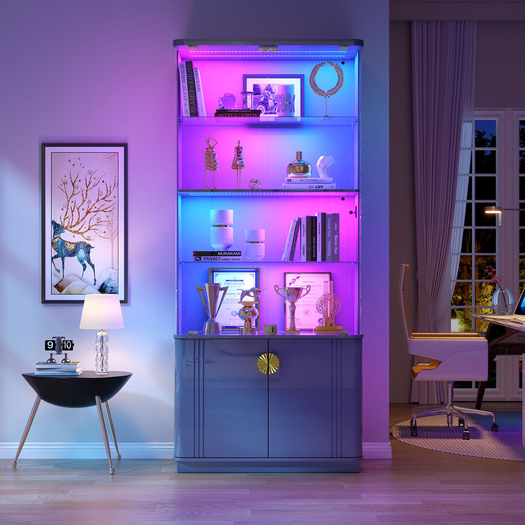 Metro 180cm H Display Cabinet with RGB Sensor Lights, 4-Tier Lockable Storage Cabinet Grey 180cm H X 80cm W X 38cm D