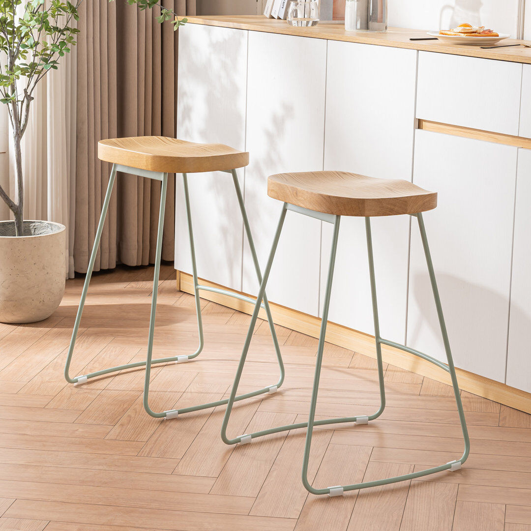 Rio Bar Stools Set of 2 Rustic Counter Stools with Solid Wood Saddle Seat & Metal Legs, Backless Kitchen Island Stools for Breakfast Bar & Home Decor Green 65cm H X 46cm W X 44cm D