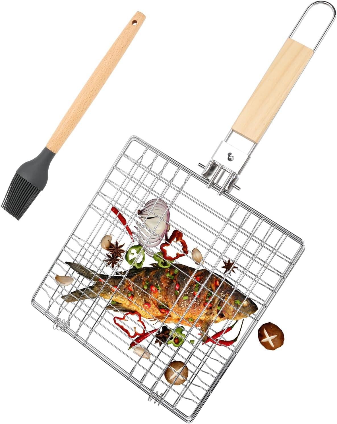 Merkloze opvouwbare barbecue grillset van RVS met houten handvat en siliconen kwasten