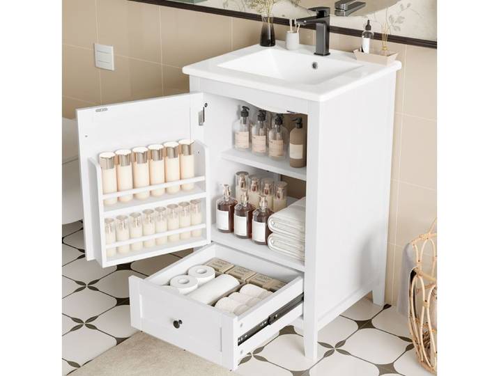 MEULVA Meuble sous vasque 51x46x85 cm avec vasque céramique intégrée 1 porte 1 tiroir blanc