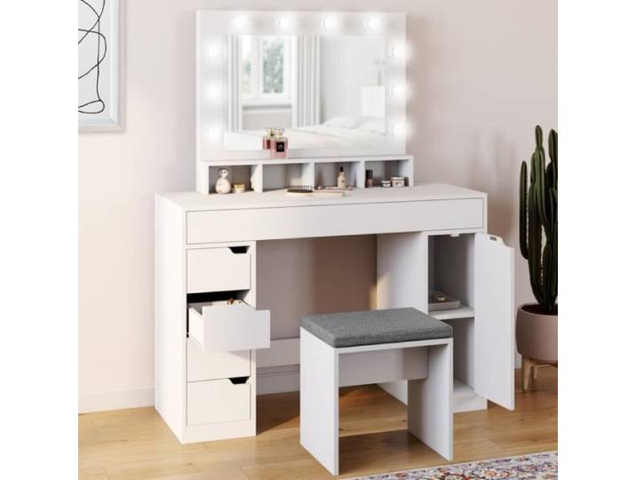 IDMARKET Coiffeuse ZELIA blanche miroir LED avec 4 niches 5 tiroirs 1 caisson de rangement et tabouret rembourré