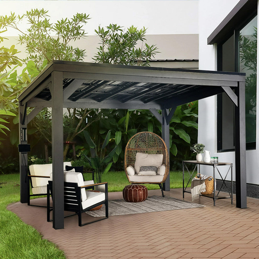 Backyard Discovery Stonebridge Heavy-Duty Galvanised Steel Outdoor Patio Gazebo with Powerport 3.7m x 2.9m (12ft x 9.5ft) Black 368cm W X 287.78cm D X 254.33cm H