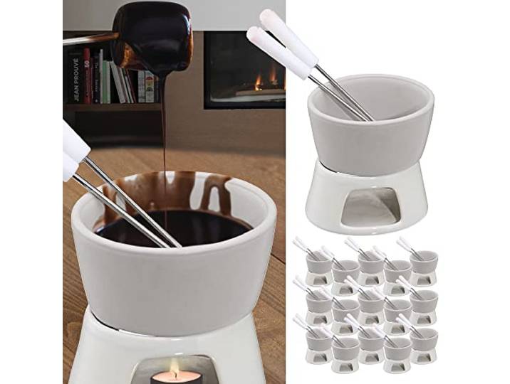 Cepewa 16 x Keramik Schokofondue Set Fondue-Set Schokolandenfondue weiß inkl. 2 Edelstahlgabeln (16 x Schokofondue-Set)