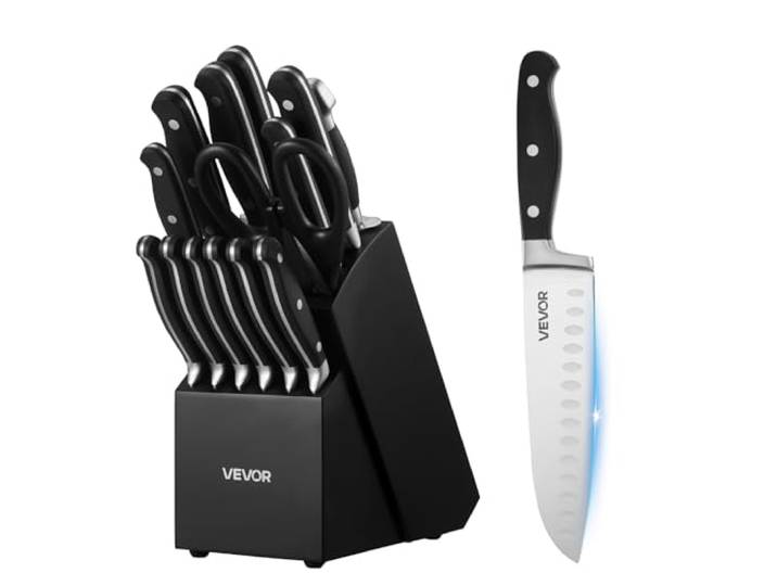 VEVOR Ensemble Couteaux Cuisine avec Bloc\, 15 PCS Tranchants en Acier Inoxydable à Haute Teneur\, Bloc à Ustensiles de Cuisine en Bois\, Set Couteaux avec Ciseaux et Fusil pour Tous Types d'Ingrédients