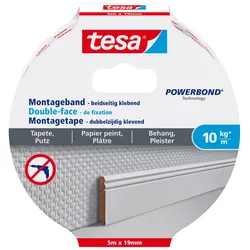 tesa doppelseitiges Klebeband Montageband POWERBOND Tapete & Putz 19,0 mm x 5,0 m