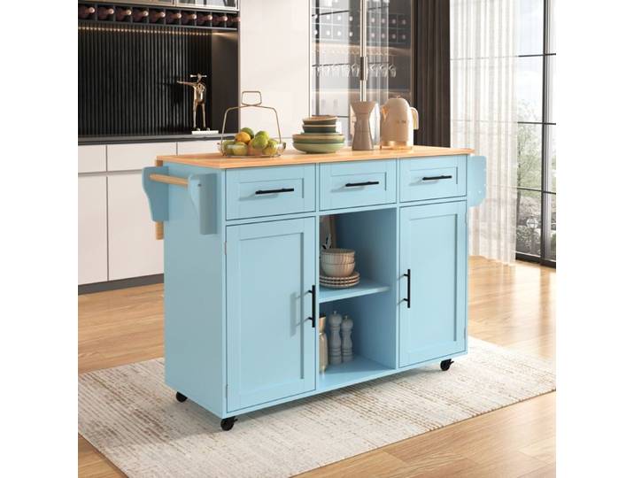 Desserte de cuisine 139x46-71x91.5 cm plateau rabattable 3 tiroirs MDF bleu décor bois
