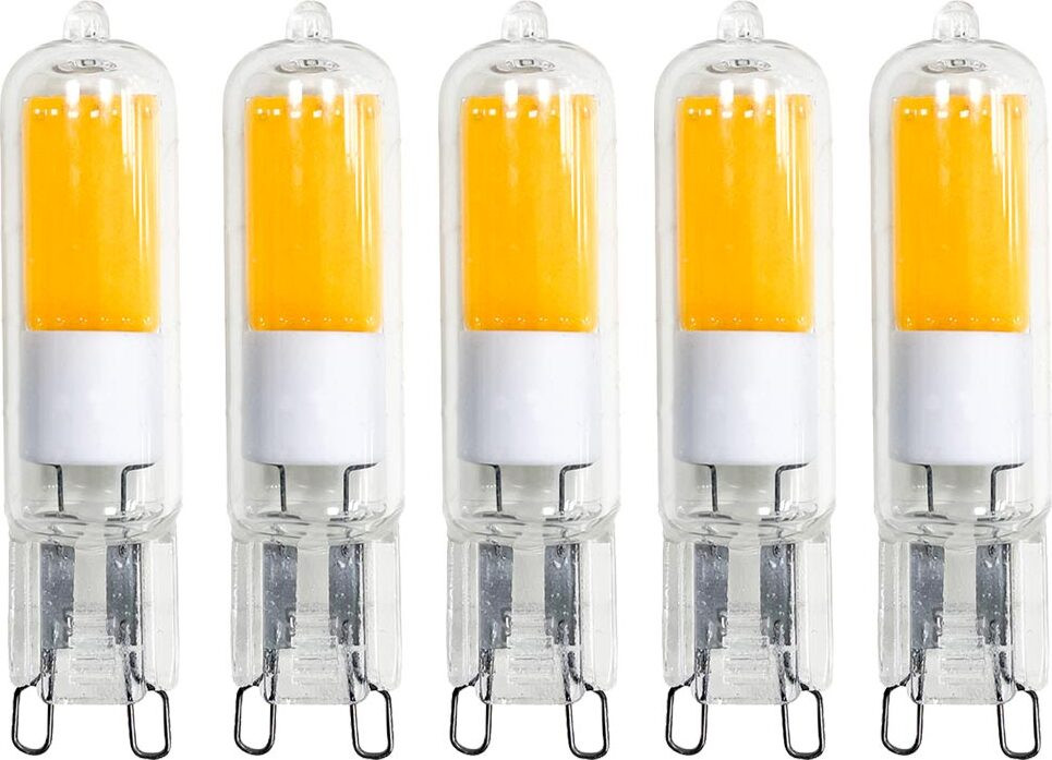 NCC-Licht Set van 5 LED COB stiftsokkel lampen, 2W (20W equivalent), G9 fitting, helder glas, warm wit licht, 2700K