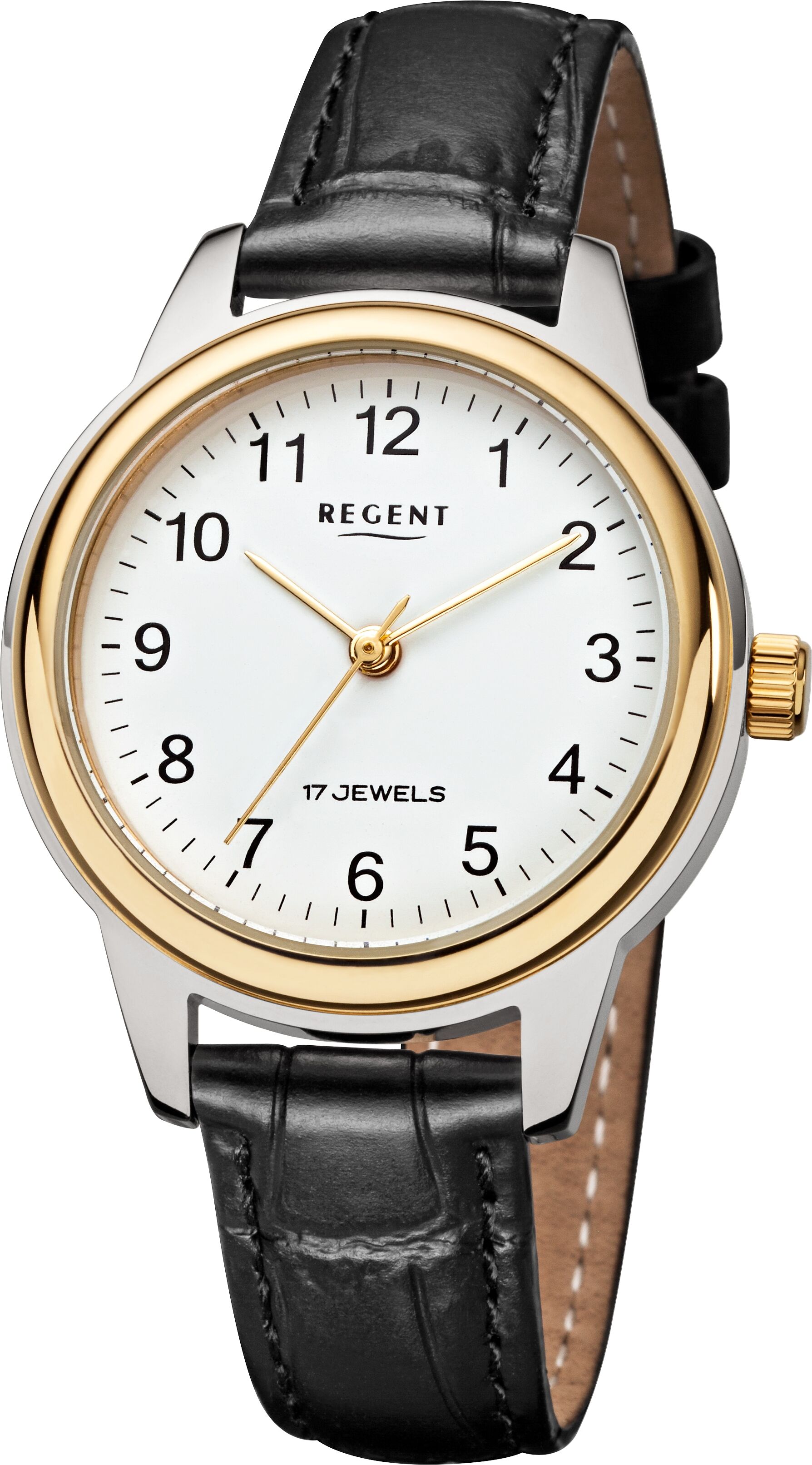 Mechanische Uhr REGENT, schwarz, weiß, weiß, Armbanduhren, Damen, goldfarben-edelstahlfarben, Armbanduhr, Damenuhr, Lederarmband, analog