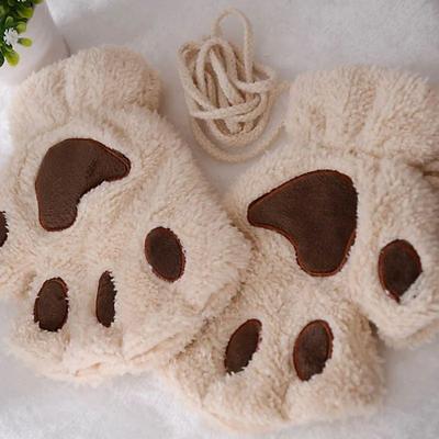 Uplifted Finds Plush Cat Paw Fingerless Gloves For Women beige