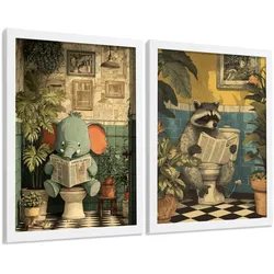 POSTER 2er-Set lustige Badezimmer-Kunstdrucke, Bilder mit lustigen Tieren auf der Toilette, witzige, Badezimmerdekoration, Dusche Weißer Rahmen A3