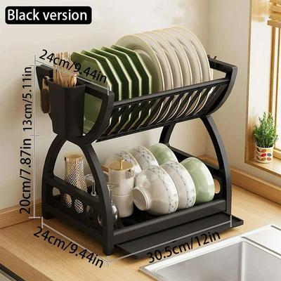 Uplift Essentials Multi Layer Bowl & Plate Storage Rack With Integrated Cutlery Holder black
