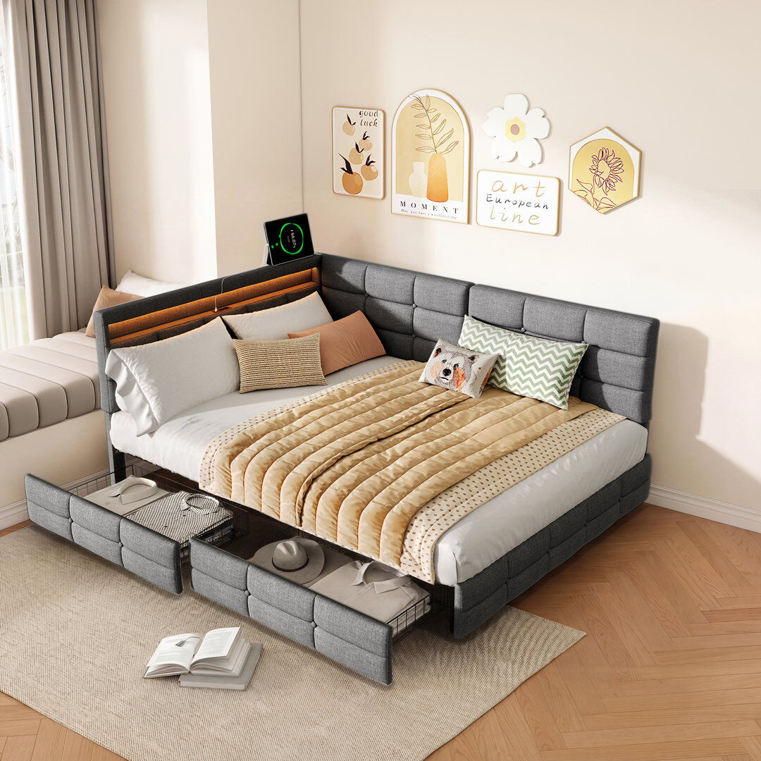 17 Stories Upholstered Daybed with Drawer Storage Grey European Double (140 x 200 cm)
