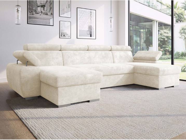 MIRJAN24 Wohnlandschaft Plaza U, mit zwei Bettkästen und Schlaffunktion, 323x170x85-98 cm, Regulierbare Kopfstützen und Armlehne