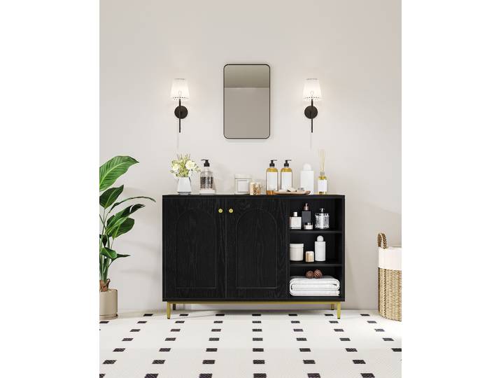 Armoire de salle de bain noire, avec 2 portes, armoire latérale, buffet avec compartiment ouvert, commode, étagère réglable, salle de bain