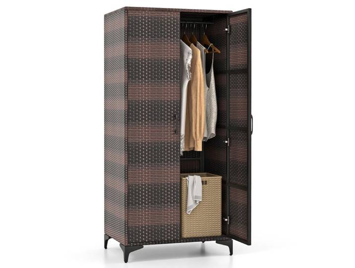COSTWAY Rangement Exterieur de Vêtements H157cm Tringle de Suspension Armoire Penderie en Osier PE pour Salon Patio Garage Marron