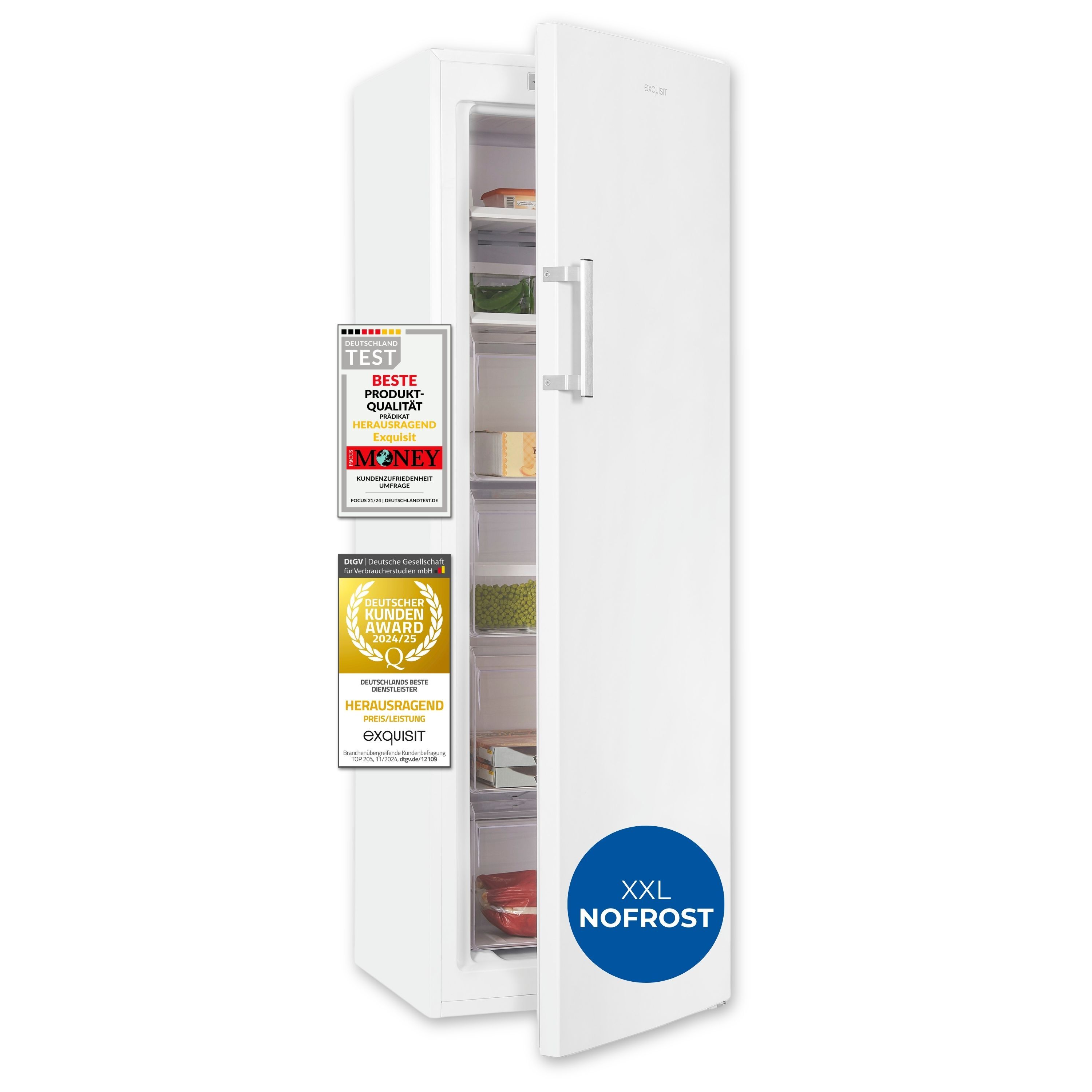 Exquisit Gefrierschrank gross, 204l Nutzinhalt, Nofrost, Alarmfunktion, 4-Sterne-Gefrieren, Tiefkühlschrank, Abtauautomatik, GS5271-NF-H-040E weiss