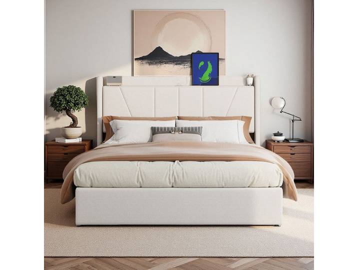 Lit double 140x200 cm Lit 140x200 cm avec USB et Type C Cadre de lit coffre 140x200 cm Coffre de rangement Tissu en lin Beige