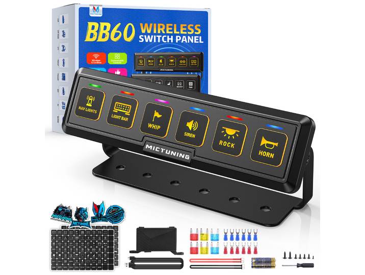 Panneau de commande sans fil MICTUNING BB60 à 6 interrupteurs, portée de contrôle de 164 pieds, alimenté par piles AAA/USB, universel pour camions tout-terrain et embarcations